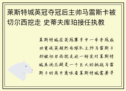 莱斯特城英冠夺冠后主帅马雷斯卡被切尔西挖走 史蒂夫库珀接任执教 莱斯特城英冠夺冠后主帅马雷斯卡被切尔西挖走 史蒂夫库珀接任执教